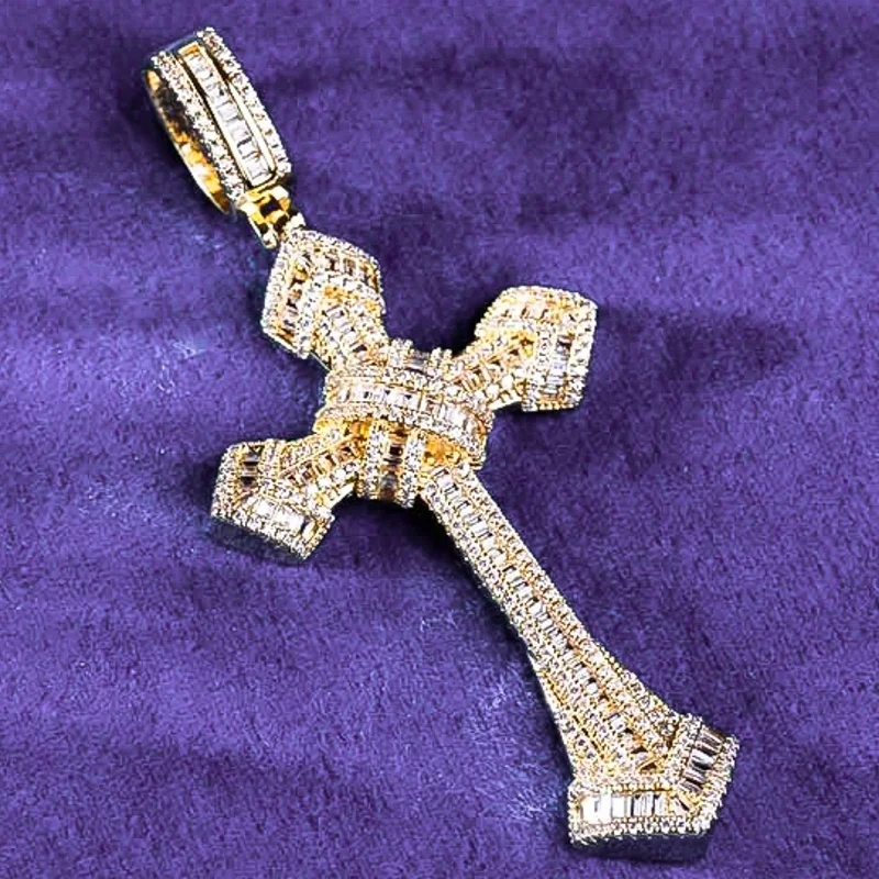 

Hip Hop GRA Bling D Color Baguette Moissanite 925 sterling silver Pass Diamond Tester Wrapped Cross Pendant For Men Women