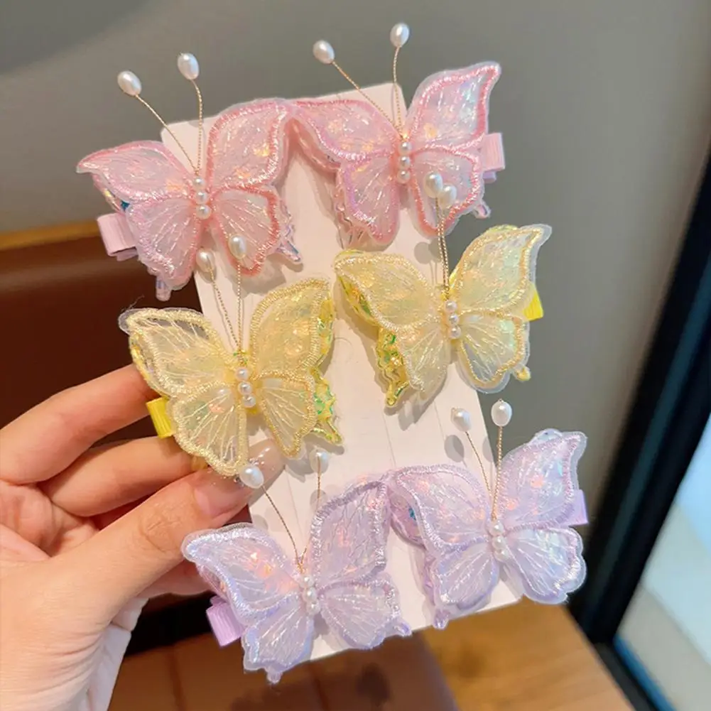 1 Pair Girl Hairpin Double Layer Mesh Yarn Butterflies Decor Hair Clip with Imitation Pearls Gradient Color HairAccessories 95
