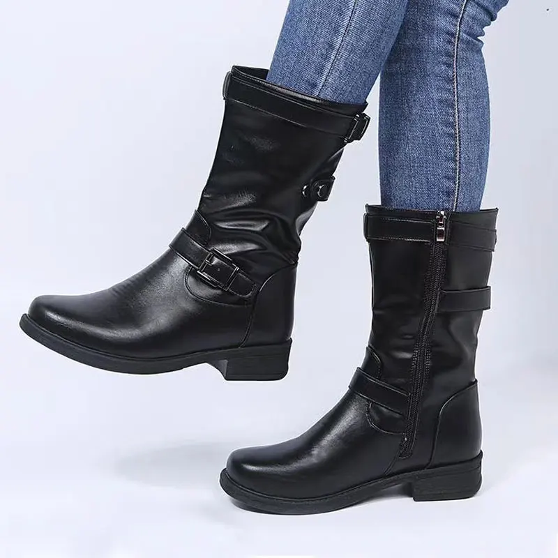 Kobiety Chunky Boots skórzane buty ze skórki cielęcej rozmiar 43 klamra kobieta kwadratowy obcas Zipper półbuty czerwone czarne szare zimowe płaskie