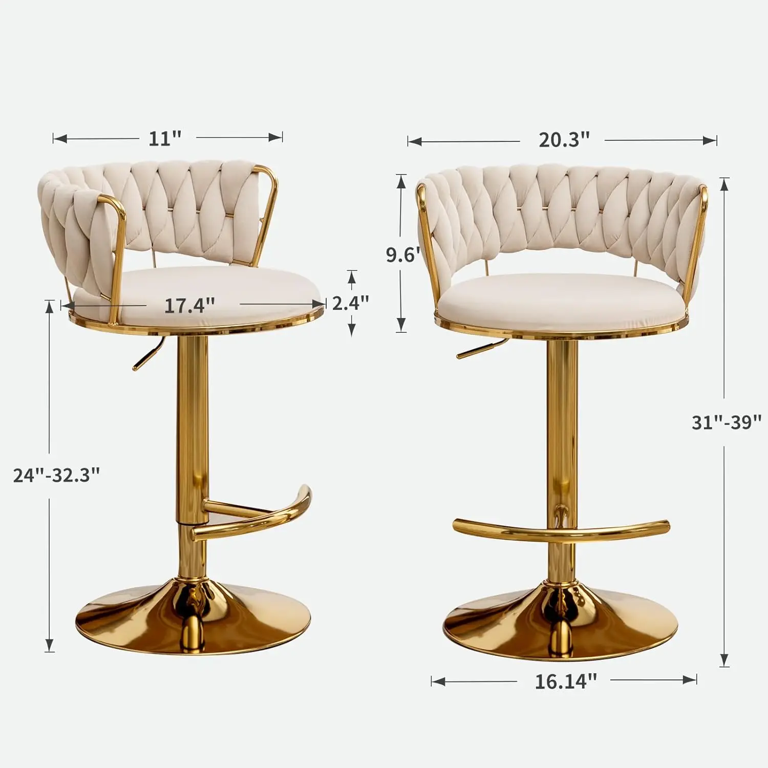 Taburetes de Bar dorados, Juego de 4 taburetes de barra de altura de mostrador con espalda baja, Barstools de altura ajustable de terciopelo, Taburetes de Bar giratorios de 360 ° fo