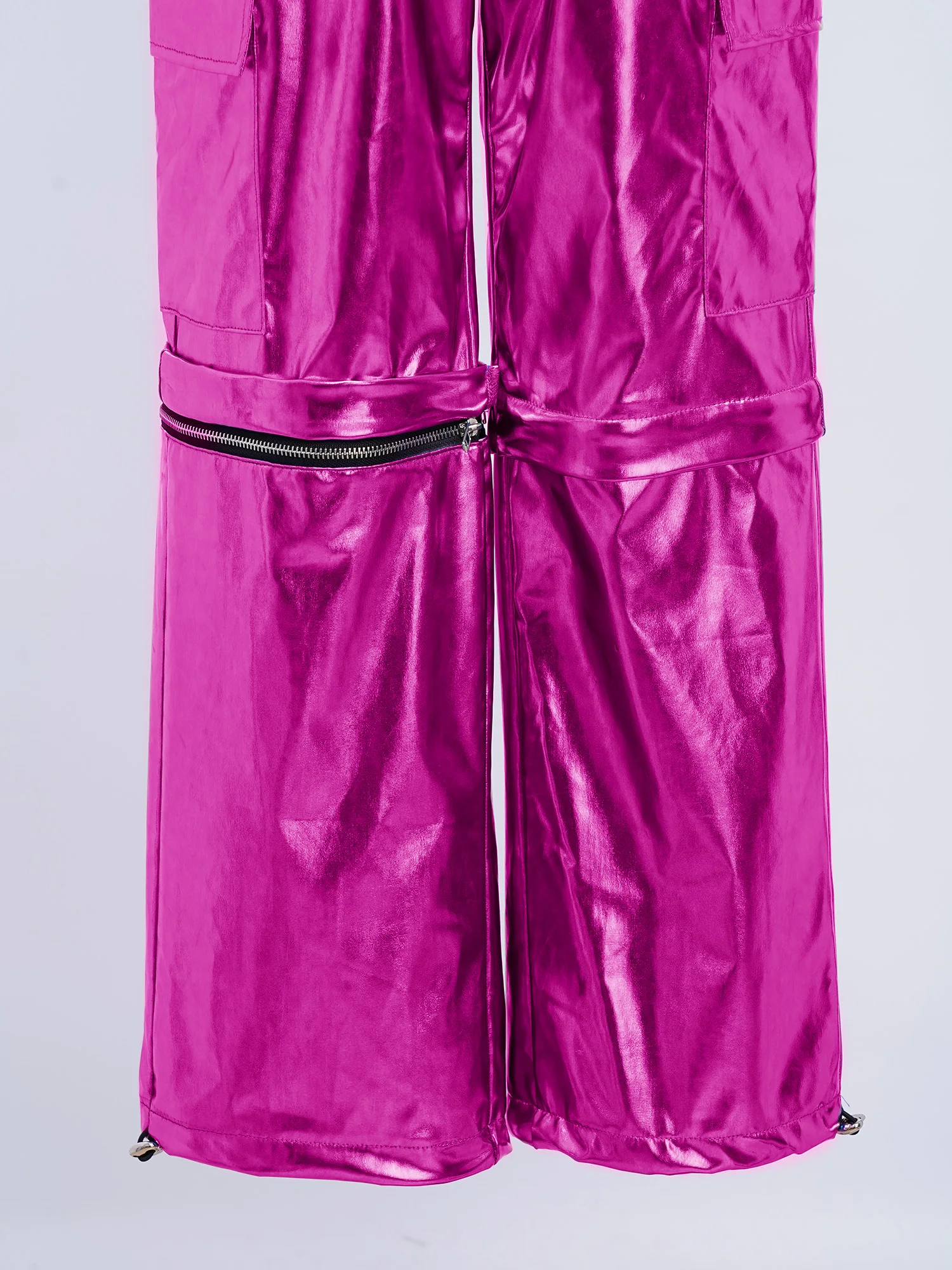 Teens Hip-Hop Pants Kids Boys Girls Metallic Cargo Pants Zip-Off Elastic Waist Trousers Fashion Children Jazz Dance Costume