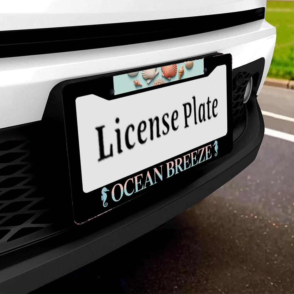 قطعة واحدة من إطار لوحة الترخيص الأسود بفتحتين مع نمط صدف نسيم المحيط، مادة الألومنيوم، 6 × 12 بوصة، تتضمن طقم براغي، إعادة #5