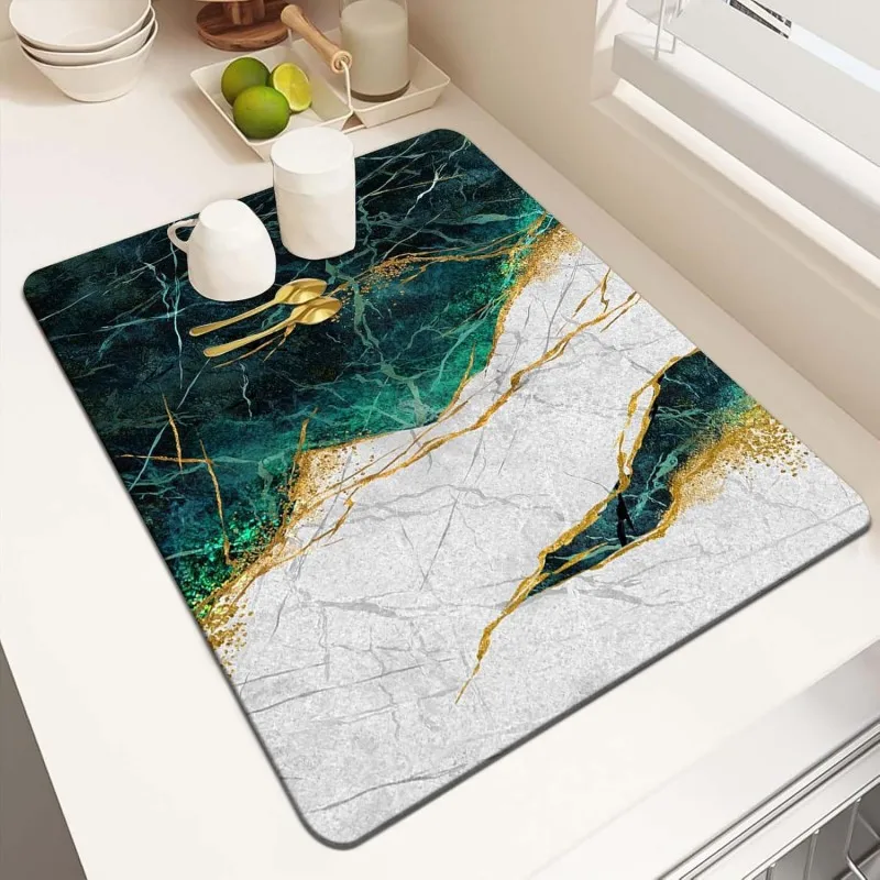 Luxury Green Marble Dish Drying Mat Modern Gold Vein Kitchen Counter Mat Aesthetic Emerald Coffee Bar Pad Absorbent