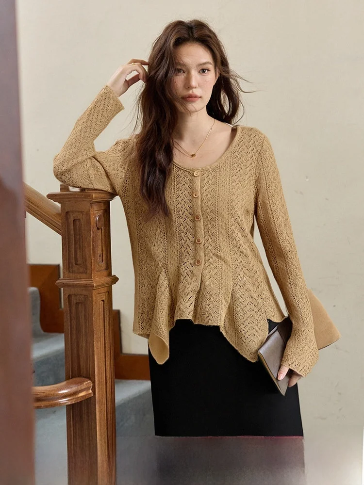 

Spring Knitted Set Women's plus Size round Ne Irregular Top High Waist A-Line Skirt Faionable Commute Loose Fit Long Sve