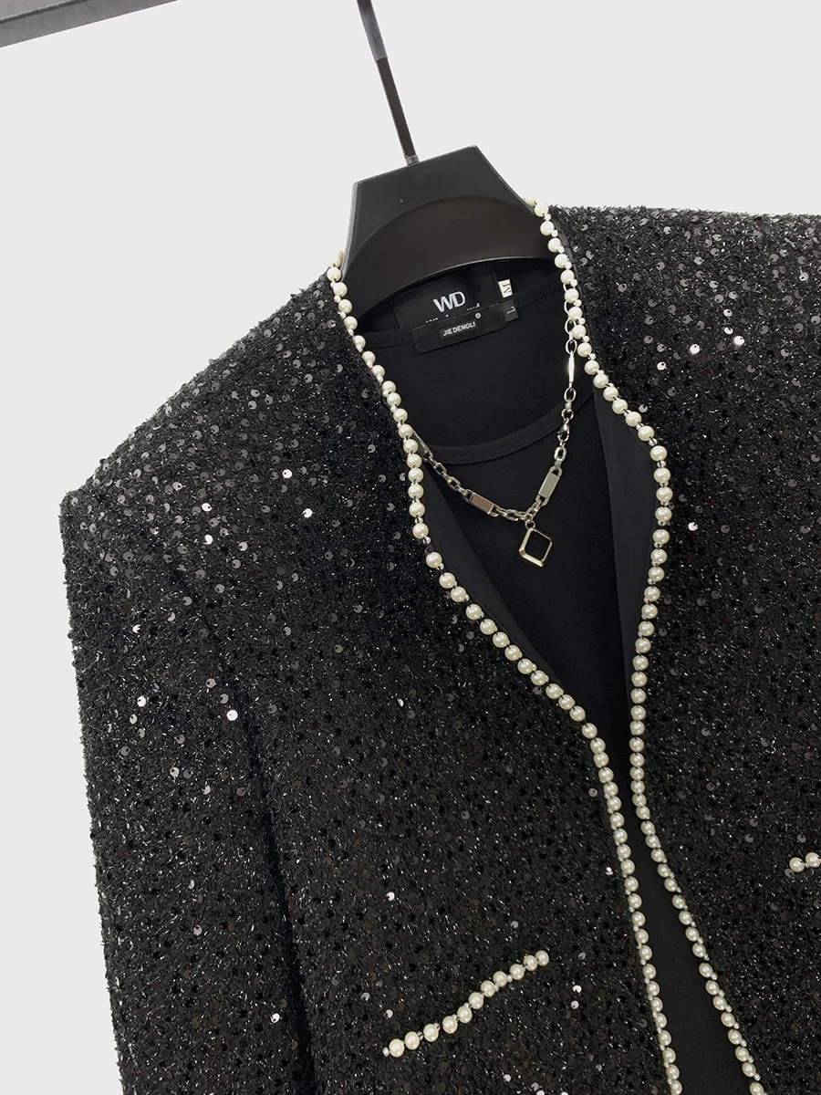 Autumn New Design Sense Sequin Round Neck Short Jacket Stylish Men Korean Version Ins Trend Loose Pearl Jacket