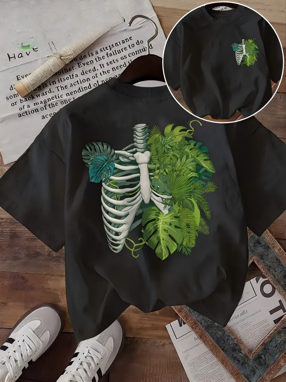 Dark Botanical Skeleton Graphic T Shirt Women Tropical Monstera Print Tee Summer Casual Retro Aesthetic Harajuku Streetwear Top