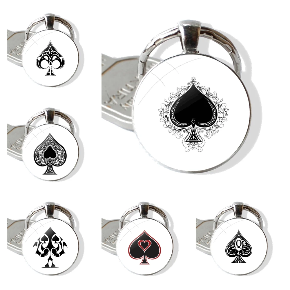 Keychain Handmade Glass Cabochon Key Ring Holder Pendant Key Chains Poker Spades Q Queen