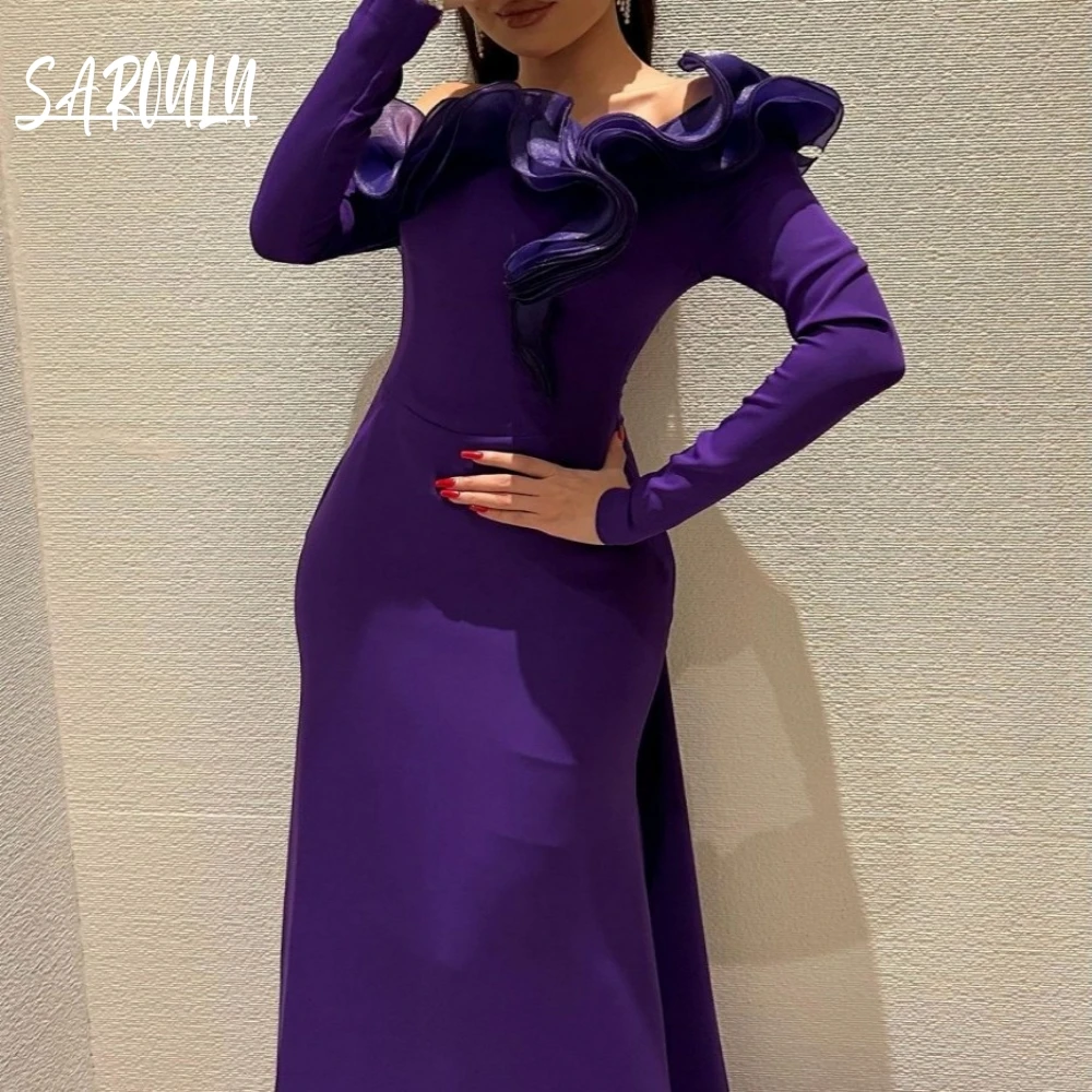

Newest Purple Mermaid Satin Evening Dress Chic Ruffled Off Shoulder Gorgeous Cocktail Gown For Special Occasions Prom Wear