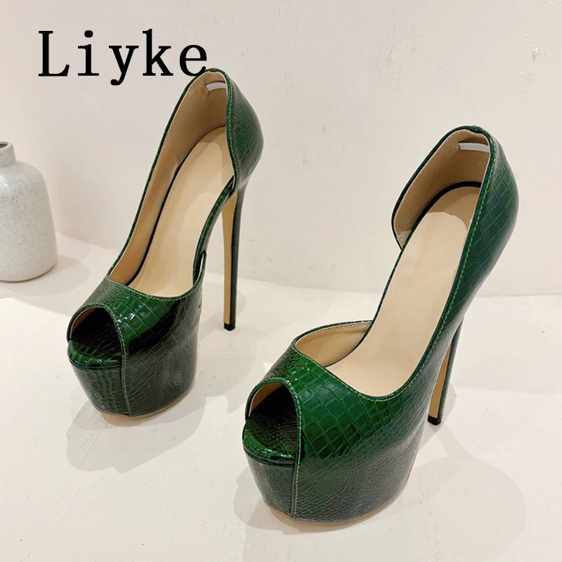 Liyke 2024 New Green High Heels Women Platform Sandals Sexy Snake Print Peep Toe Club Stripper Pole Dance Shoes Pumps Size 35-42