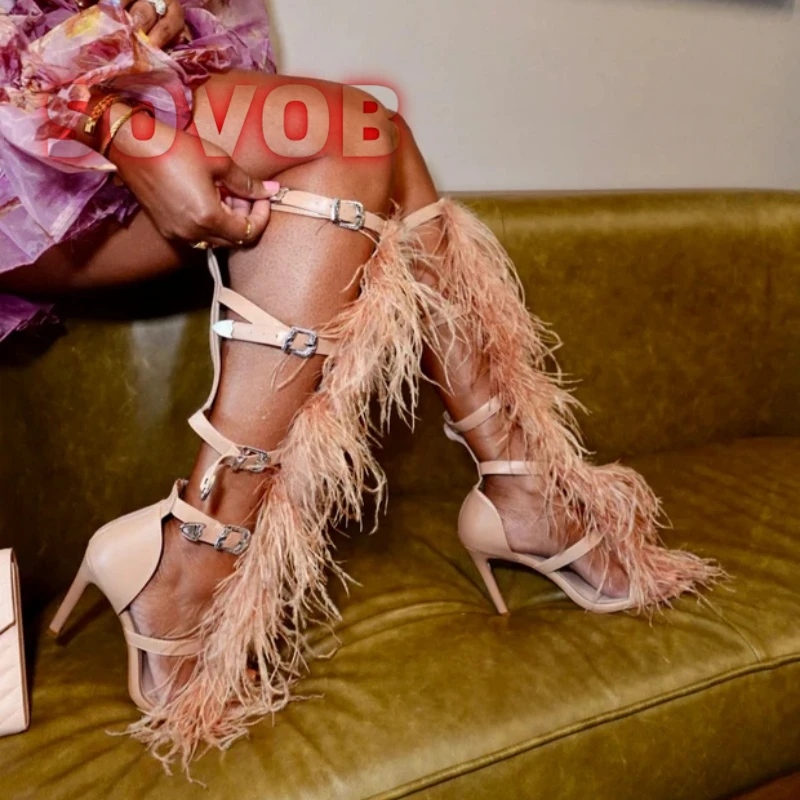 

Ostrich Feather Buckle Strap Sandals Women'S High Heels Knee-high Gladiator Sandals Ladies Back Zipper Party Peep Toe Sandals 44