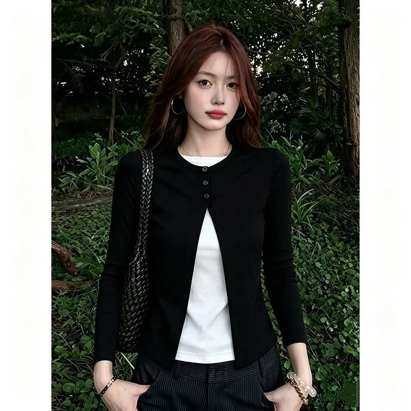 Women Fall Fake Two Piece Long Sleeve Top Slim Fit Round Neck Design Casual Blouse