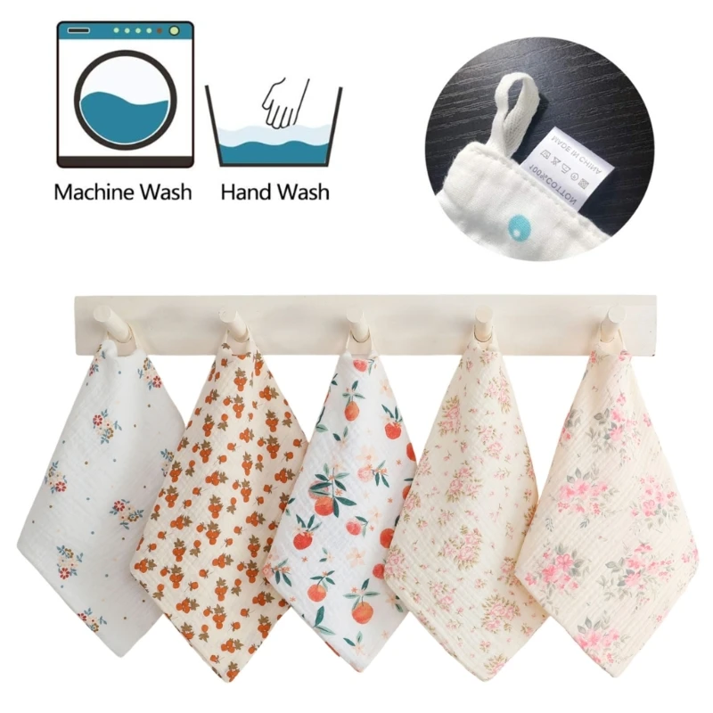 Pack of 5pcs Cotton Drooling Bib Baby Washcloths Newborns Face Towel 4-Layer Absorbent Burp Cloths Breathable 25x25cm