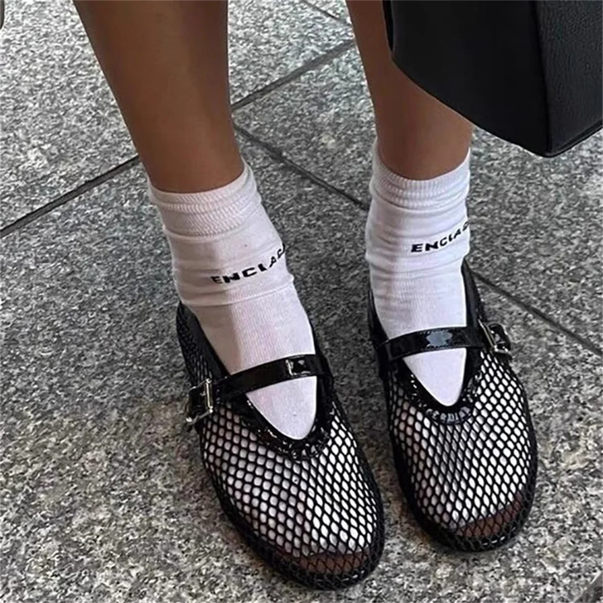 

Mesh Cutout Buckle Concise Women Shoes Round Toe Flats Comfort Slip On Solid Strap Combination Colorful Matching Comfort