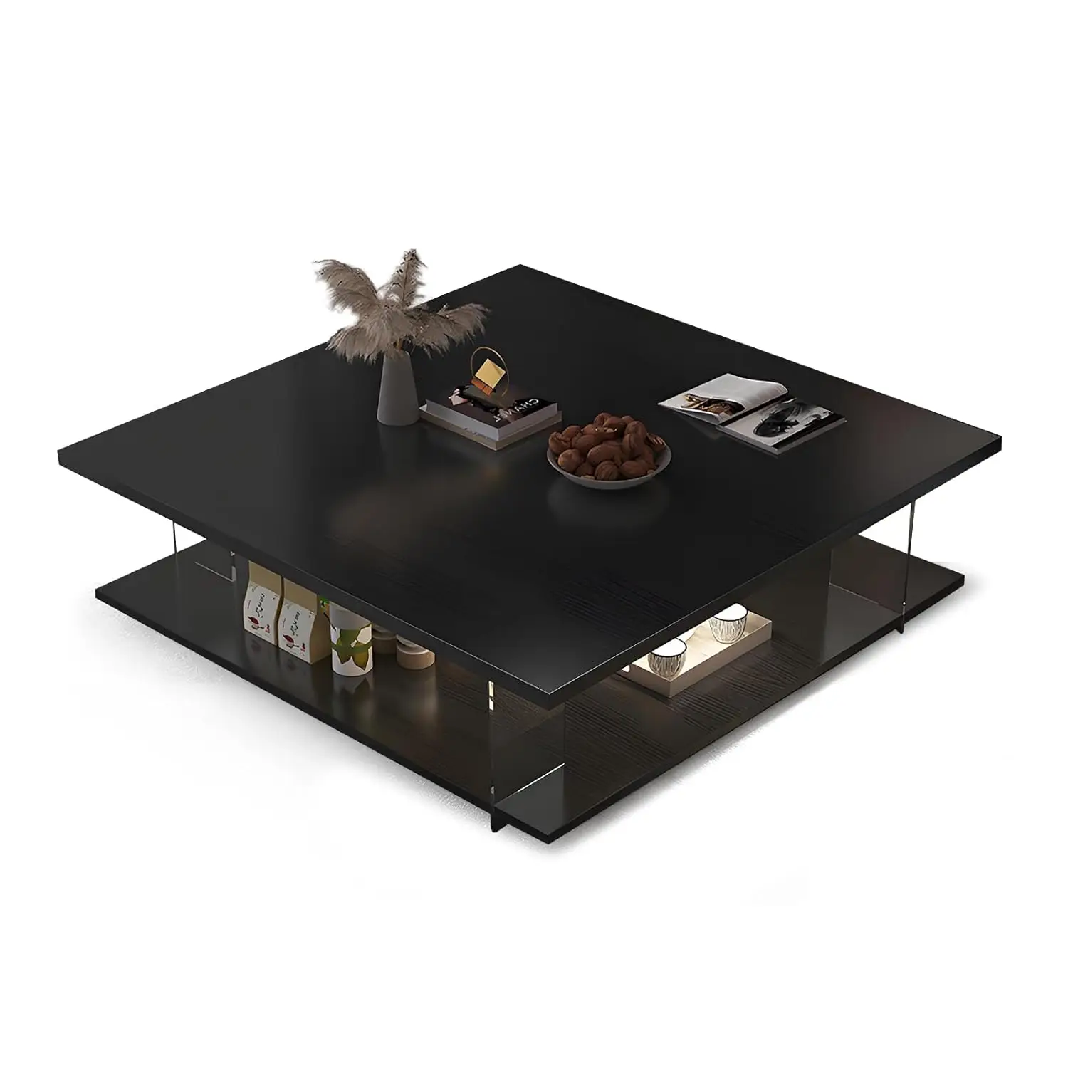 

Modern Coffee Table With Clear Acrylic Side Panels, Wood Rectangle Coffee Table For Living Room, Minimalist Center Table With Op