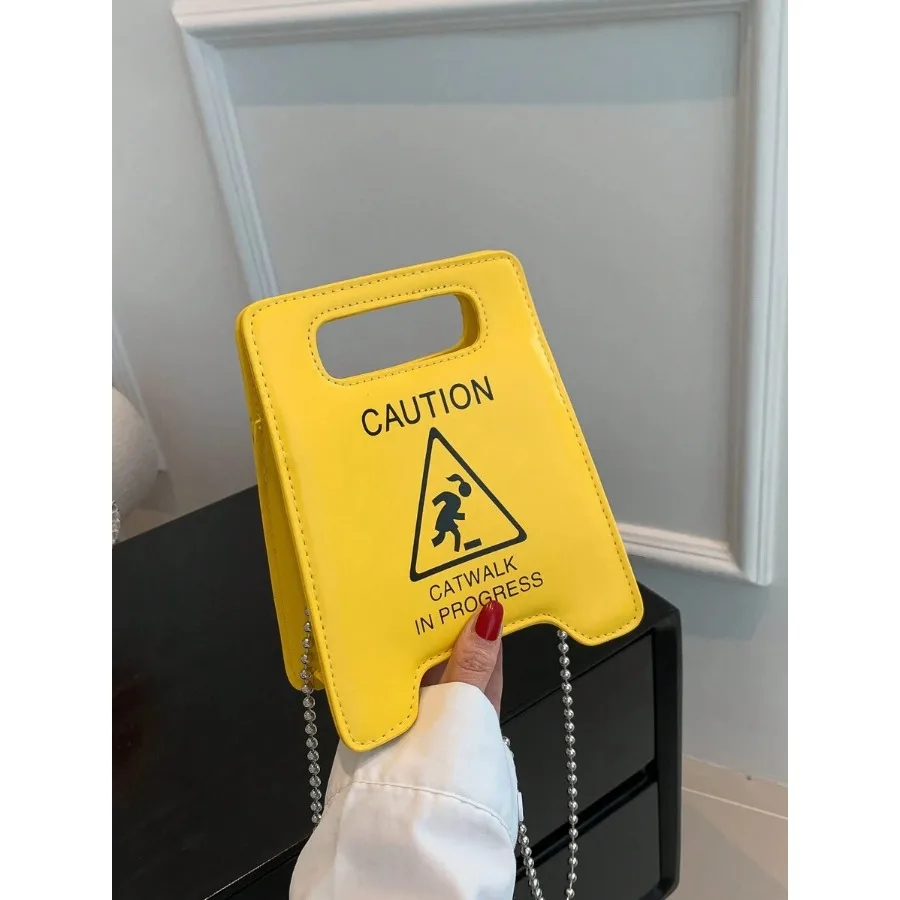 New Cartoon Warning Sign Handbag, Chain Letter Bag, Cosmetic Bag, Accessory Bag, Fashion Casual Minimalist Street Shoulder Cros