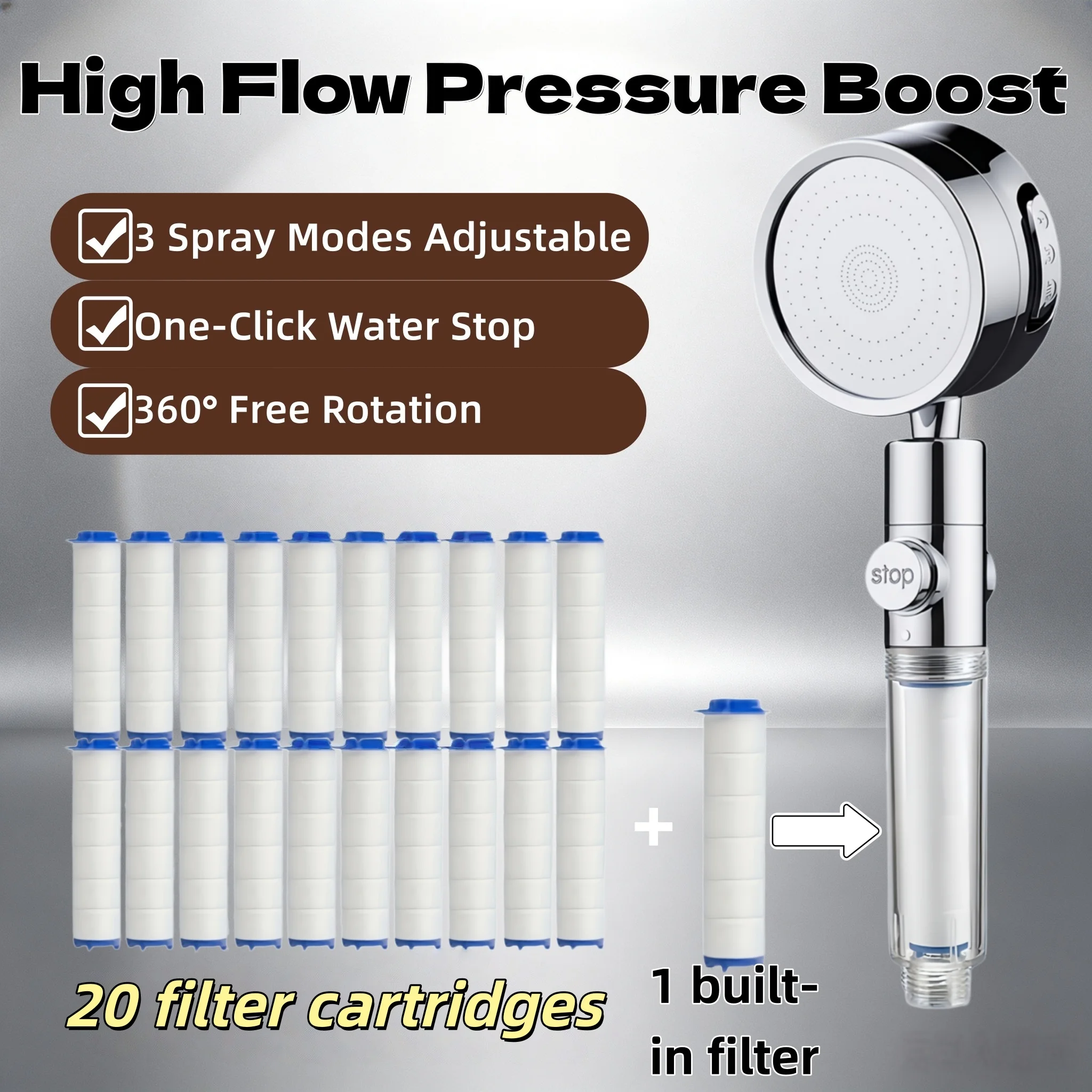High Flow Boost Shower Head 3 Spray Modes One-Click Stop 360° Rotatable G1/2 Interface 10/15/20 Replacement Cartridges For PV