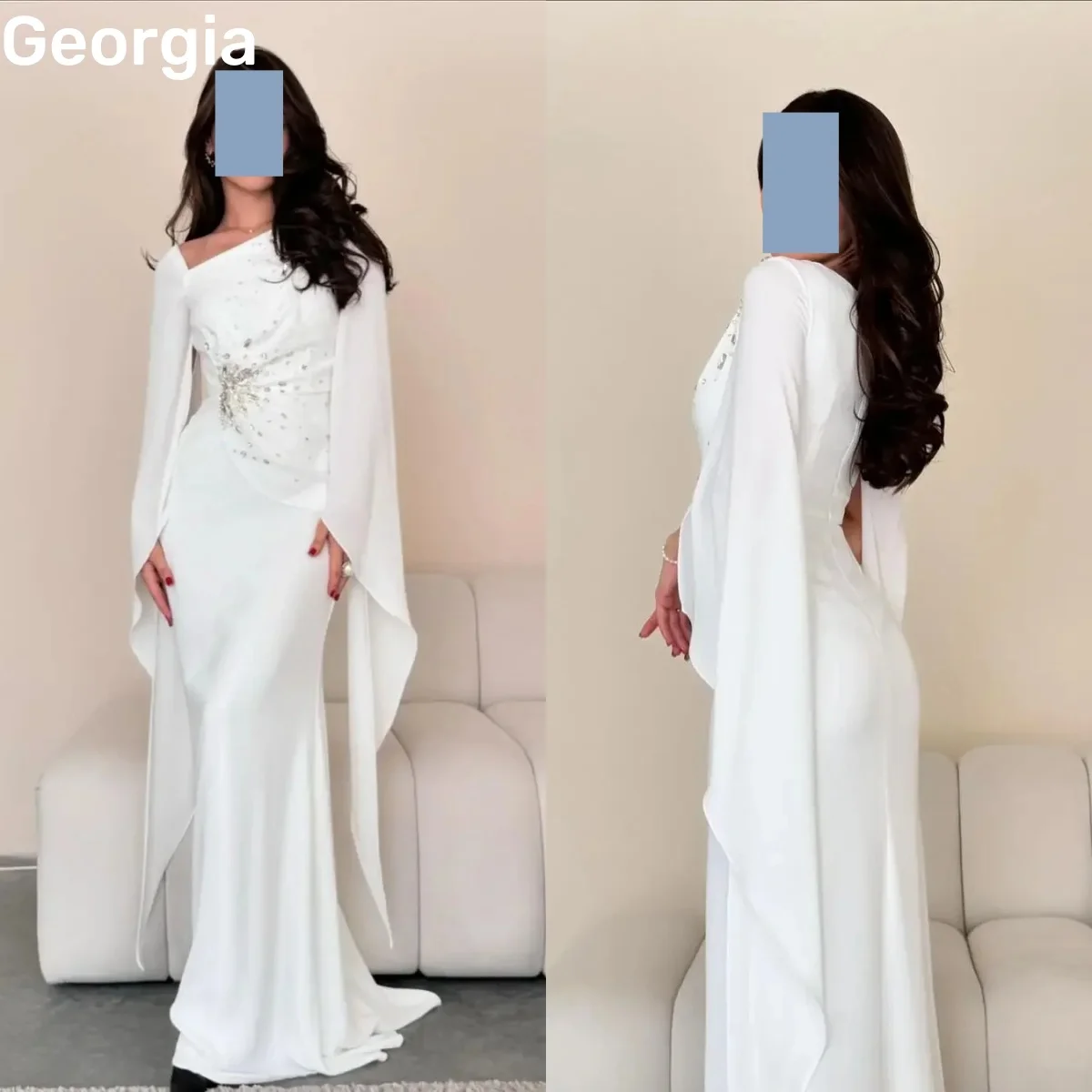 プロムドレス女性カスタマイズされた床の長さのコラムスクエアネックドバイ高級イブニングドレスジッパーアップビーズ長袖