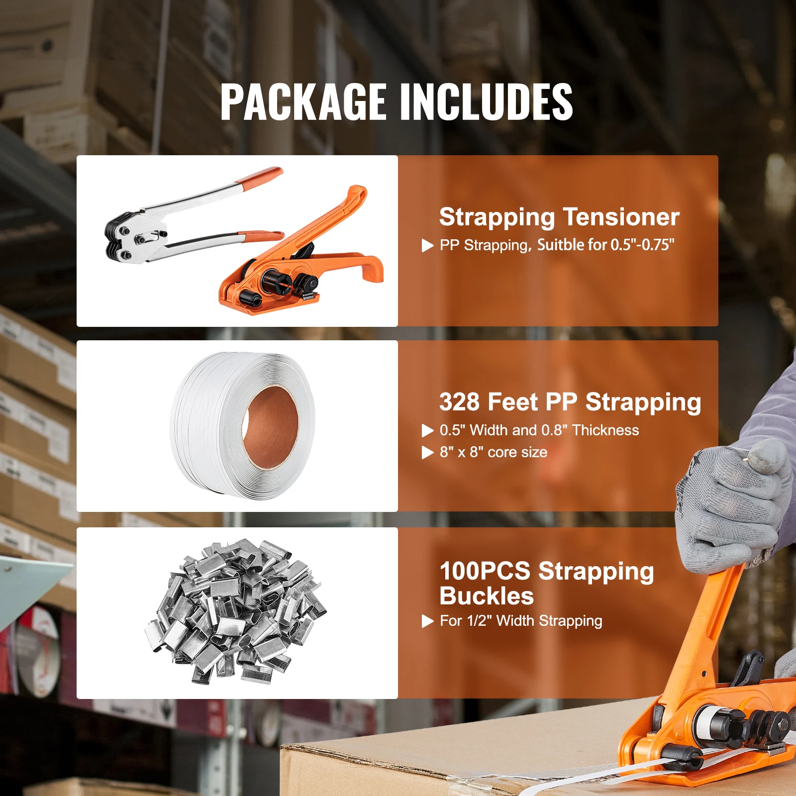 SucceBuy Набор обвязочных лент для упаковки поддонов с натяжителем, герметик, полипропиленовая лента 328 футов, 100 металлических уплотнений для упаковочной ленты