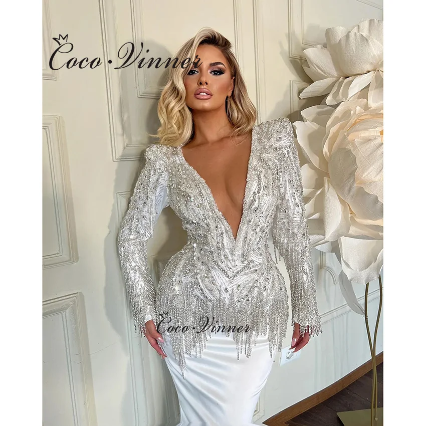 تخصيص كامل الأكمام مثير الخامس الرقبة حورية البحر فستان الزفاف 2025 الثقيلة الديكور كريستال شرابة الساتان فستان الزفاف حورية البحر W1459