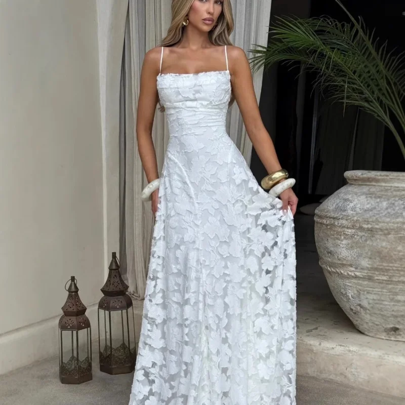 

Three-Dimensional Jacquard Suspender Dress, Waist-Cinching, Long Skirt With A Large Hem, Summer French-Style Vacation Beach Dres