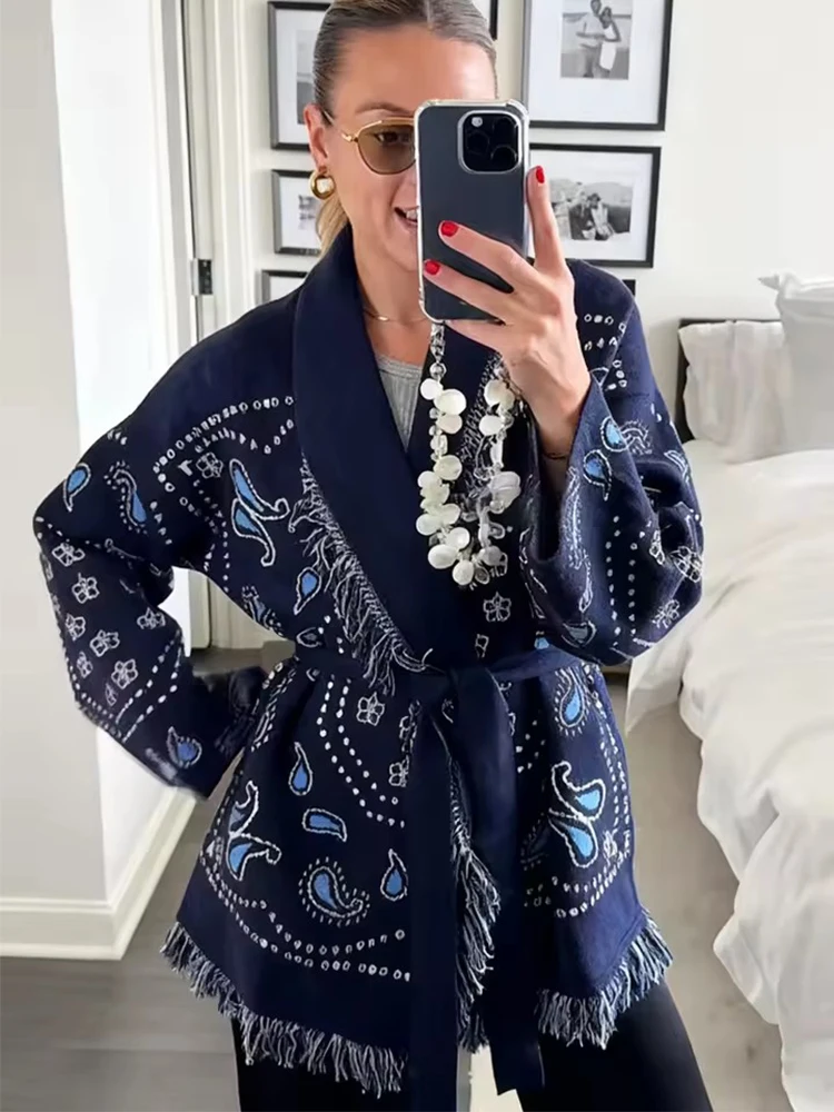 

Chic Fashion Fringe Shawl Knitted Jackets for Women 2025 Autumn Winter Long Sleeve Cardigan Coats High Street Casual Loose New