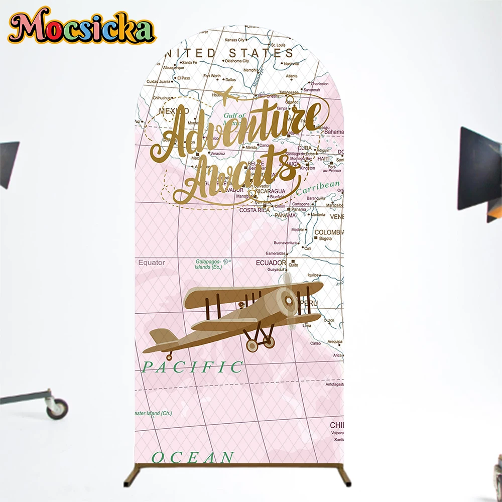 

Mocsicka Global Adventure Arch Covers Backdrop Birthday Arched Background Pink Map Airplane Travel Wedding Decor Party Photocall