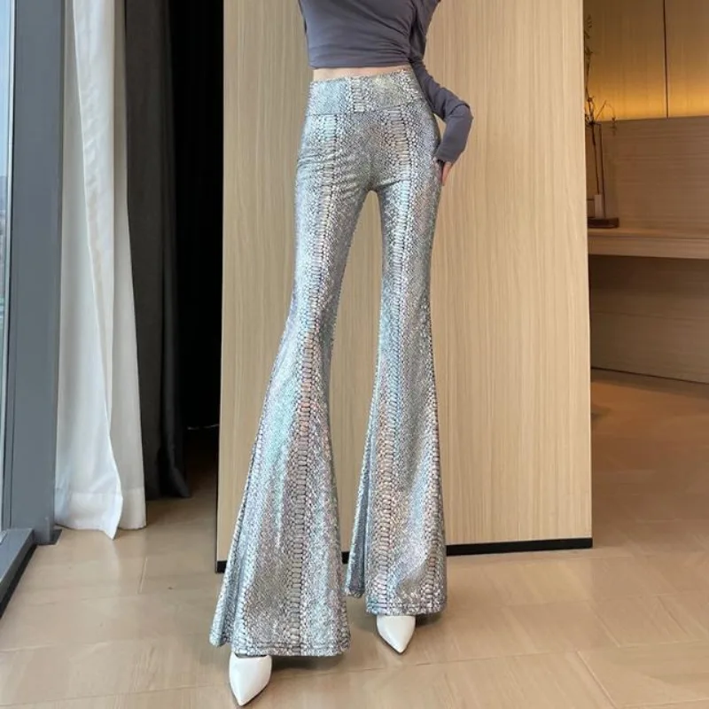 2026 Women Snake Print Micro Flare Pants, High Waist Shiny Stretch PU Leather Fashion Trousers, Spring Autumn Long Pants