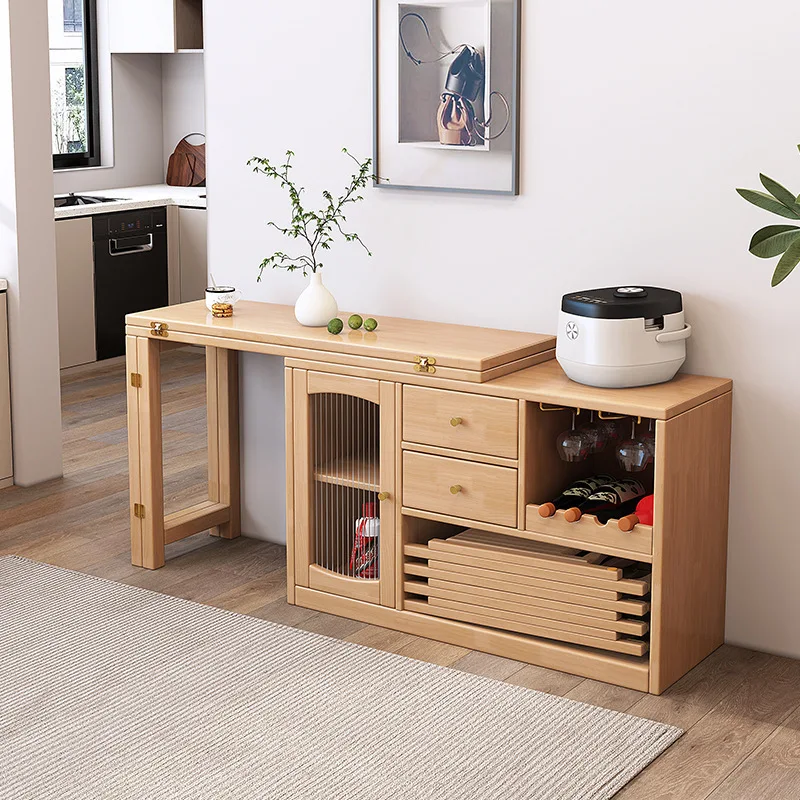 

Solid wood foldable table and side cabinet integrated small apartment multi-function retractable rotating log wind