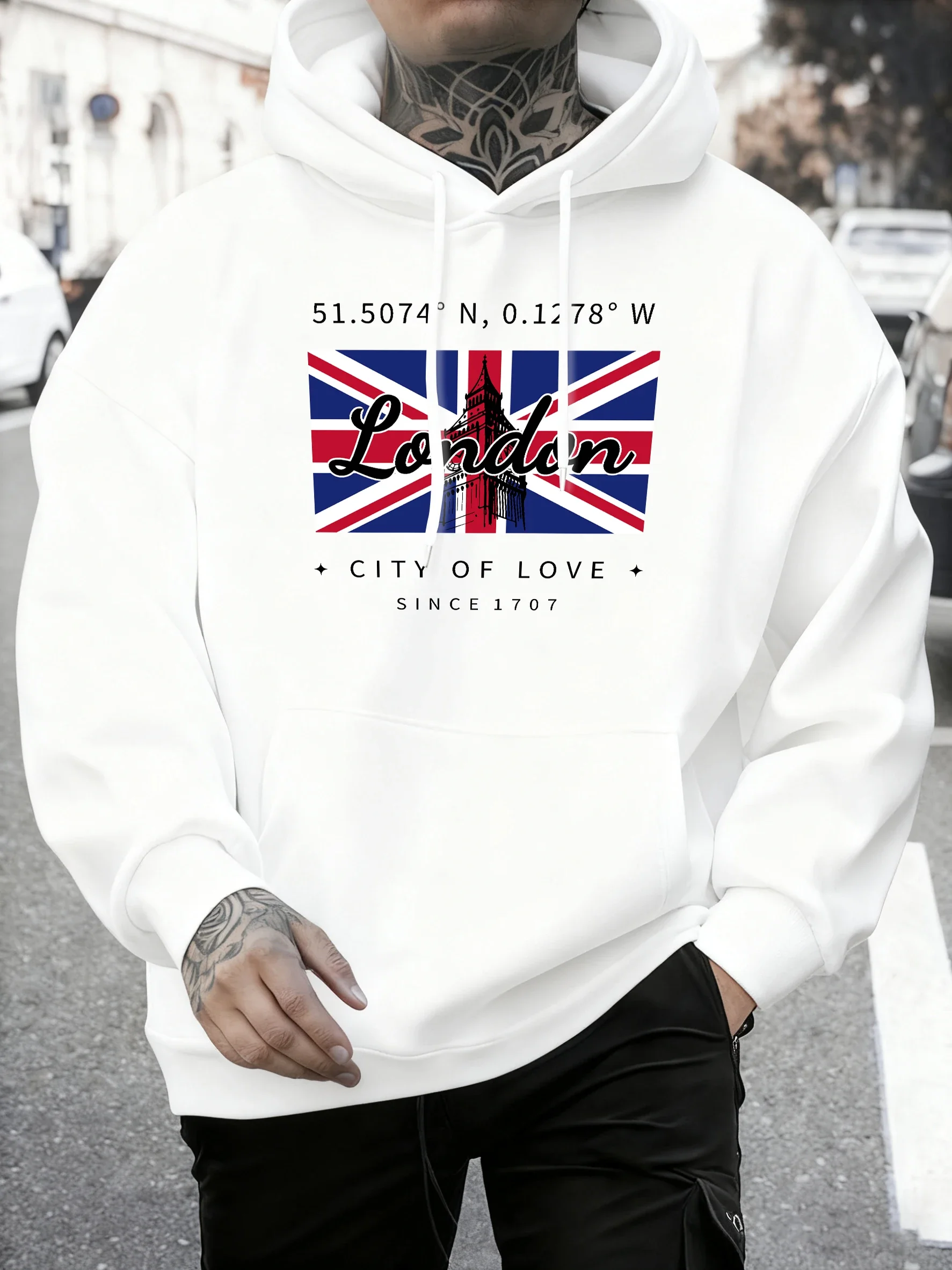 Sweat à capuche pour hommes, imprimé drapeau 'Londres Ville d'Amour', style rétro, coupe ample, mode urbaine, décontracté, doux en polaire, taille S