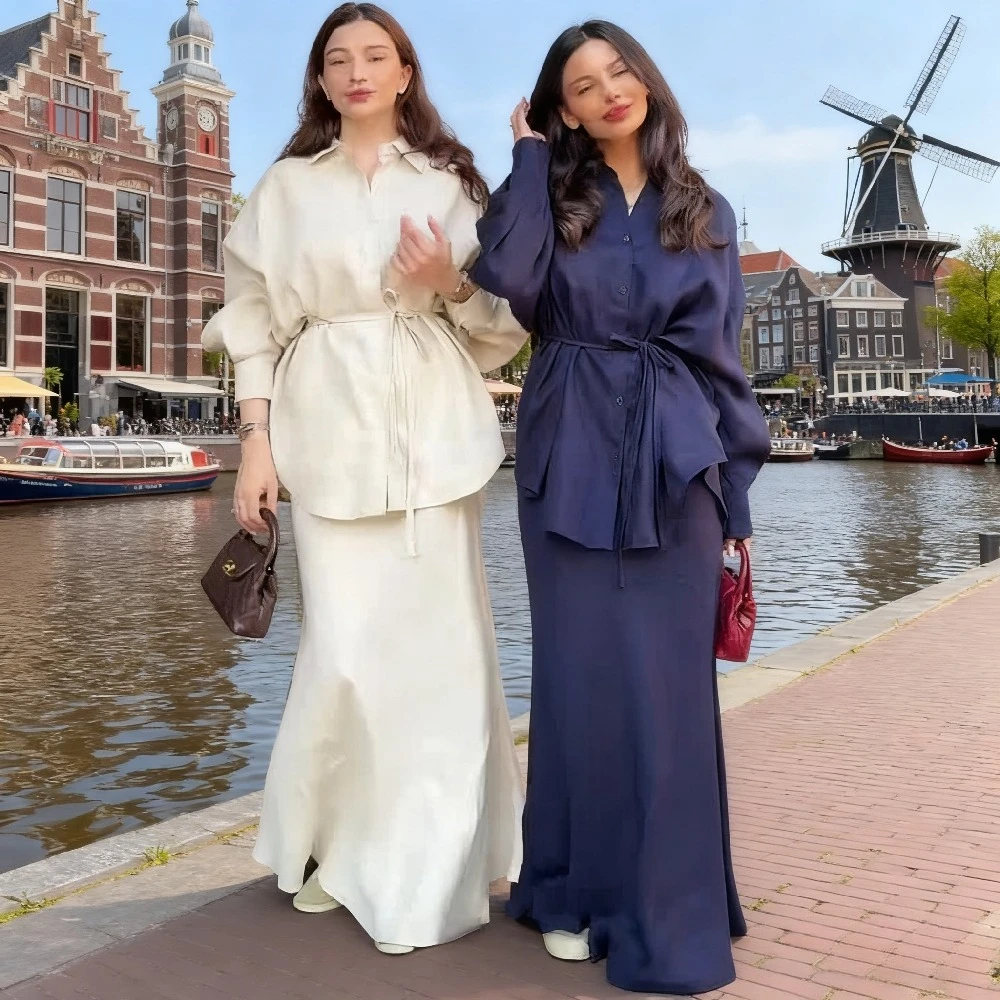 Eid Muslim Set 2 Piece Set Women Shirt Skirt Outfit Suits Office Lady Denim Autumn Ramadan Islam Arab Morocco Dubai 2026