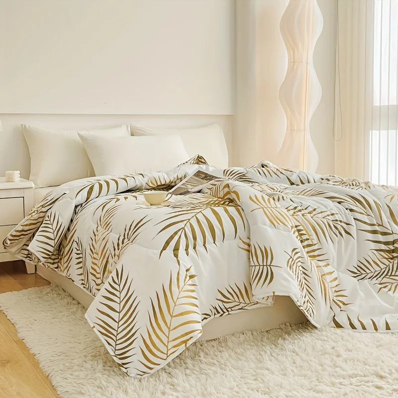 1pc gilded leaf double-sided printed spring and autumn quilt, cool and comfortable, with quilt core, 100% polyester fiber