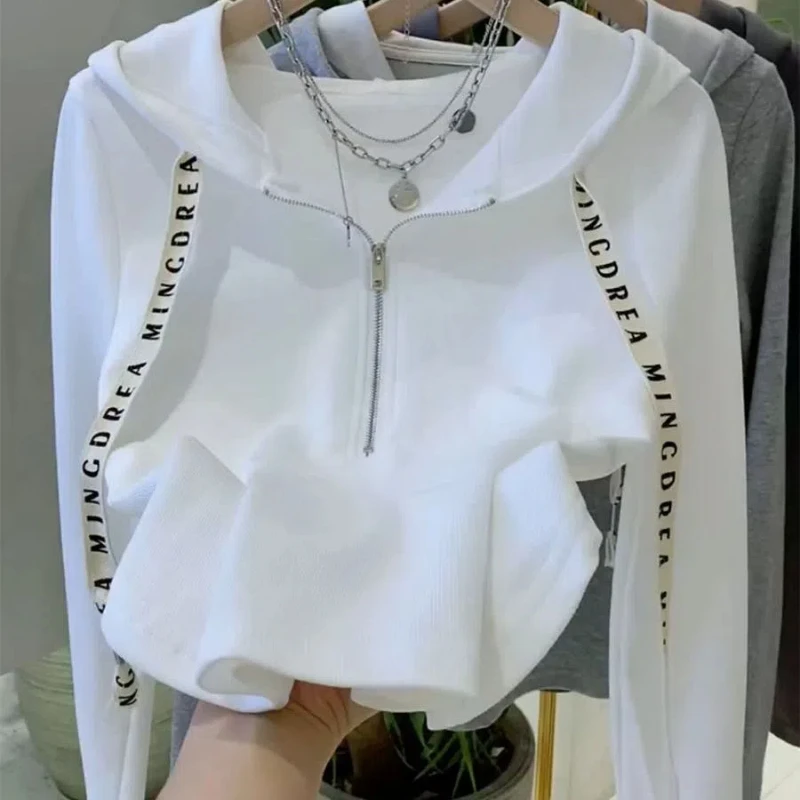 Pure Desire Irregular Zipper Hooded T-shirt for Women in Autumn Unique Chic Design Niche Interior Top Base Hoodie