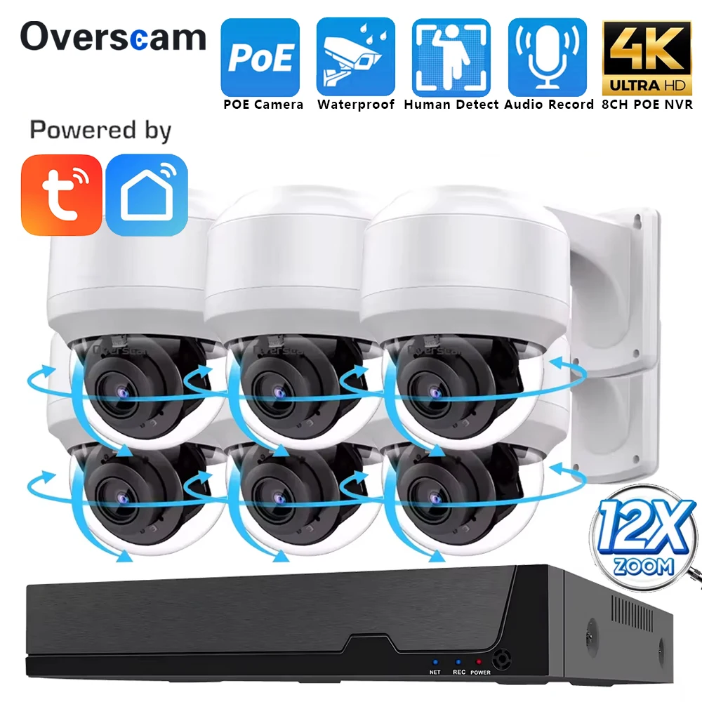 Tuya Smart Life 8CH POE NVR With 4K 8MP 12X Zoom PTZ IP Camera Video Surveillance Kit Monitor Audio Record CCTV Security System