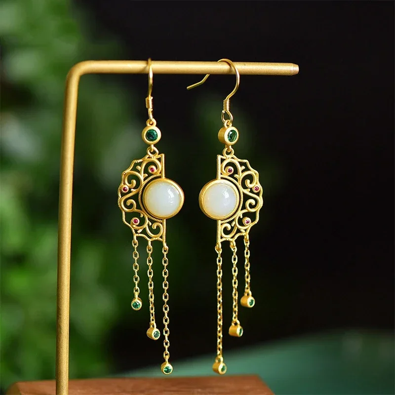 

Natural Hetian jade exquisite tassel long earrings for women light luxury Chinese style silver jewelry retro Hanfu accessories