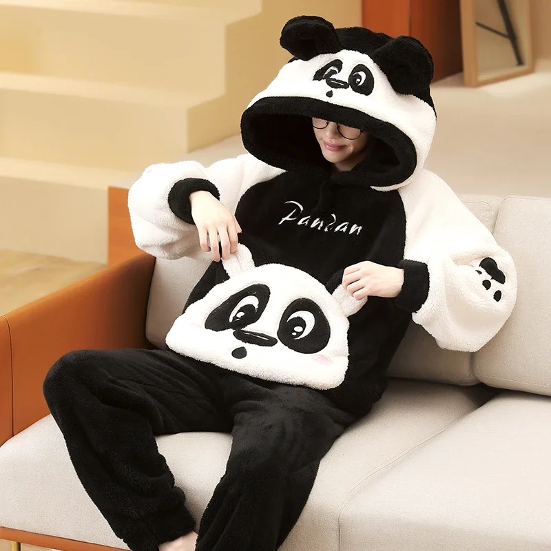 Couple Pajamas Set Women Men Adult Pajama Winter Thicken Hooded Pyjamas Sleepwear Cartoon Panda Korean Loose Lovers Homewear