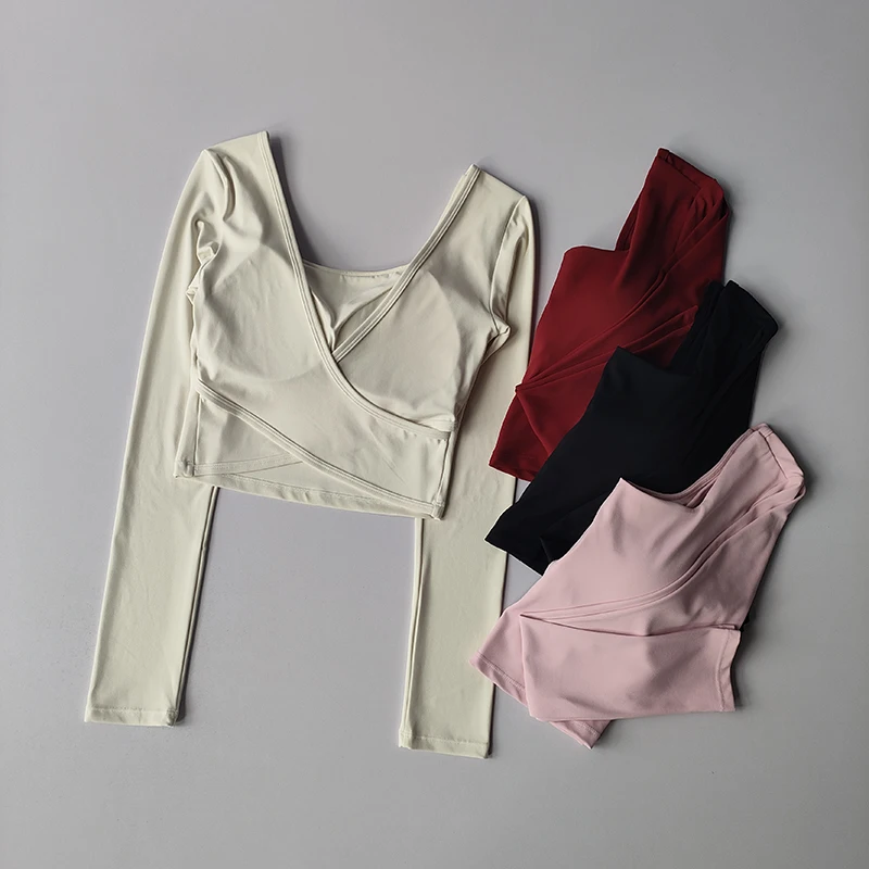

Fixed Chest Pad Cross-Back Yoga Shirt Tight-Fit Slimming Sports Shirt Long-Sleeved Running Top Training Pula Fitness T-Shirt Top
