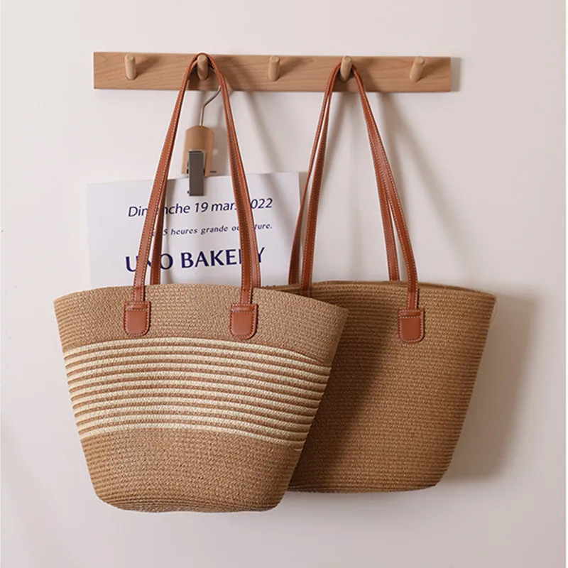 

High end women's striped single shoulder grass woven bag woven bag with large capacity casual and versatile beach rattan