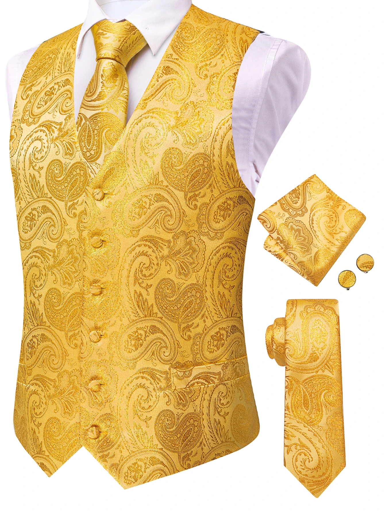 Men's Classic Paisley Formal Waistcoat 4-Piece Set, Vest with Necktie Pocket Square Cufflinks, Slim Fit Business Banquet Tuxedo