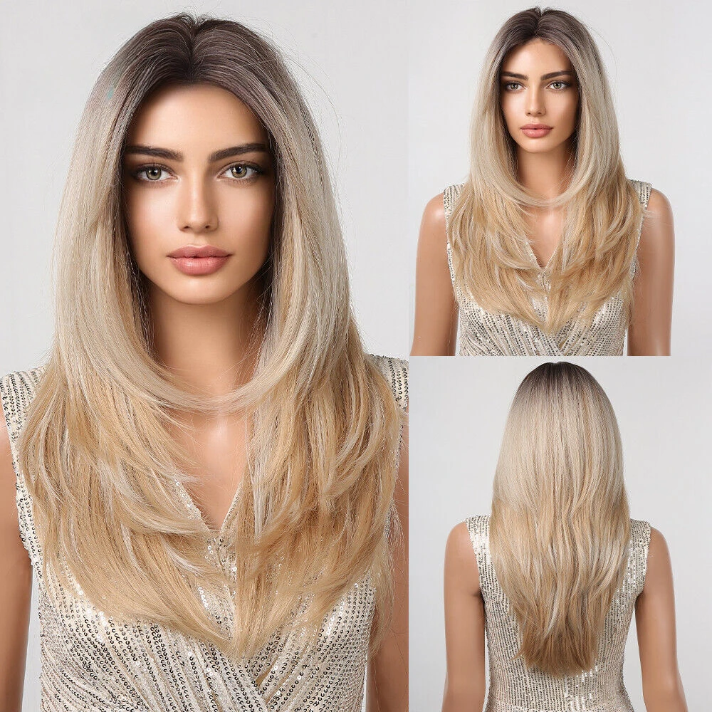 

Women Short Layered Ombre Blonde Straight Synthetic Wig Natural Lace Front Wigs