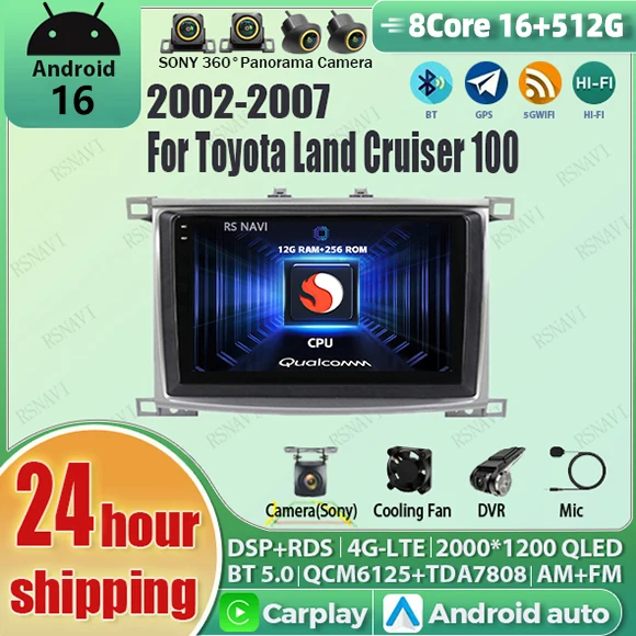 Android 16 Carplay Auto Qualcomm 2K QLED Screen Car Radio Player For Toyota Land Cruiser 100 2002-2007 4G GPS Multimedia Stereo