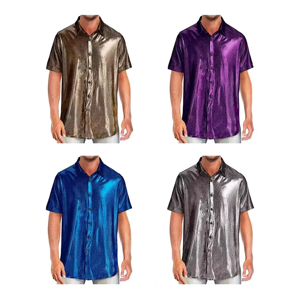 

Men Shirt Lapel Short Sleeve Buttons Placket Shirt Tops Glossy Design Loose Fit Solid Color Night Club Shirt Daily Wear
