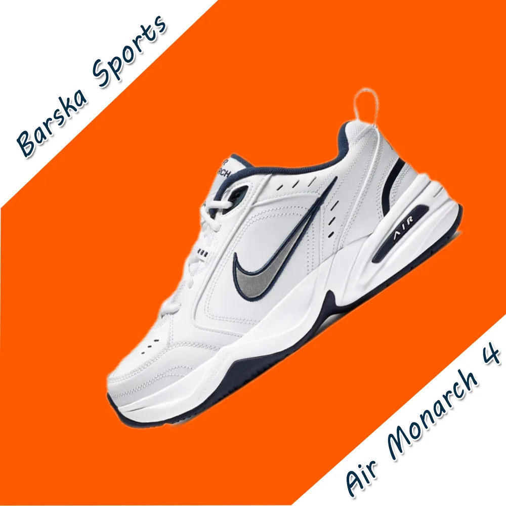 Nike Air Monarch 4 Low Baskets pour hommes et femmes Classique Rétro Chaussures décontractées Amorti Confort Baskets Blanc et Argent