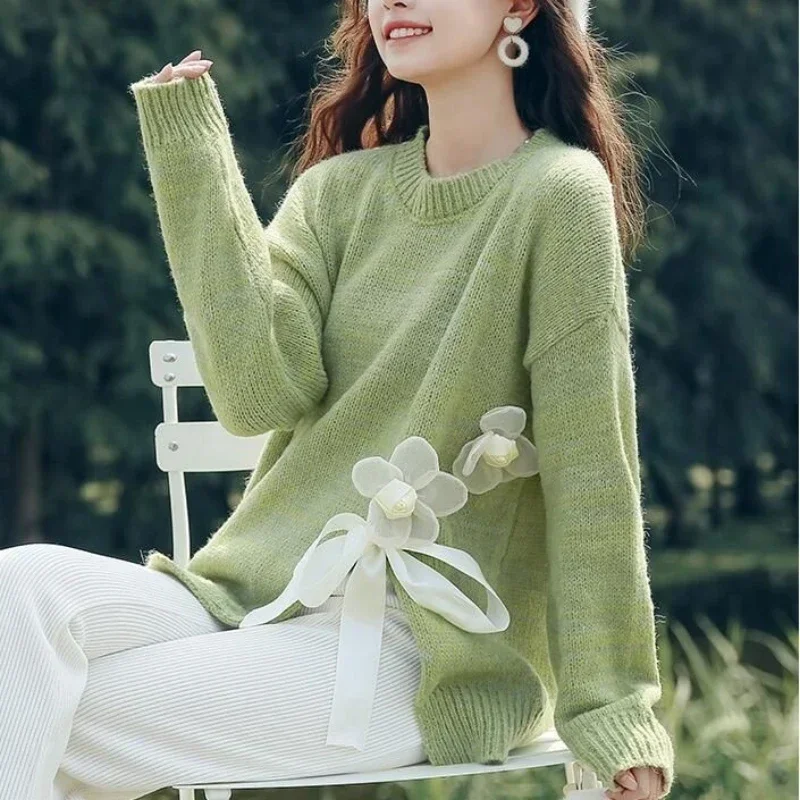 Ladies Sweaters Round O Neck Green Pullovers Knitted Top for Women Warm Winter Thermal Blouse Y2k Vintage Harajuku Fashion Sale