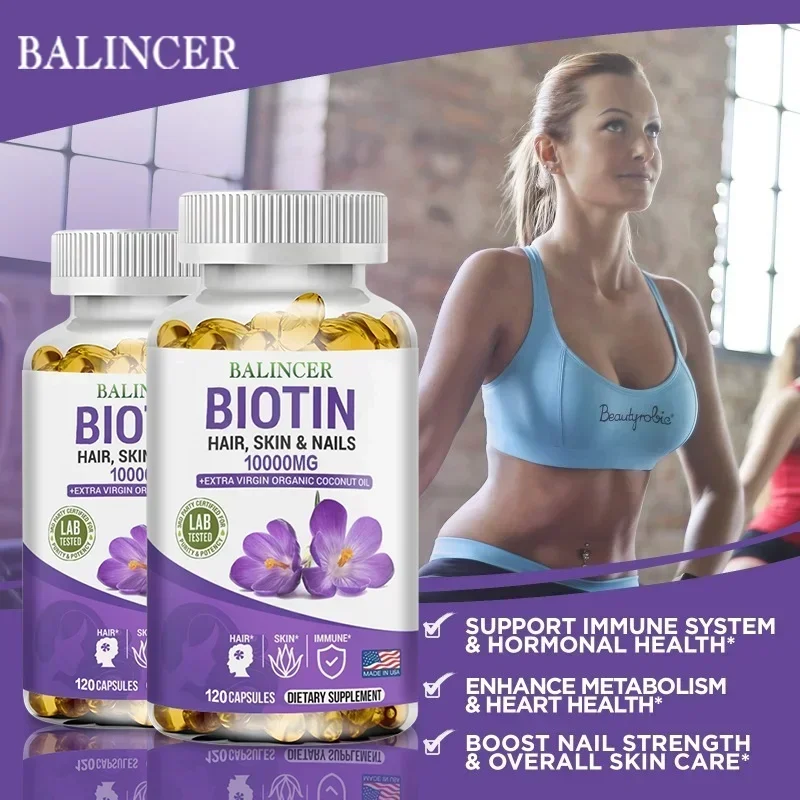 Balincer Biotin Softgels 10000 Mcg, Organic Coconut Oil - Strengthens Hair, Skin, Nails, Supports Immune System Health