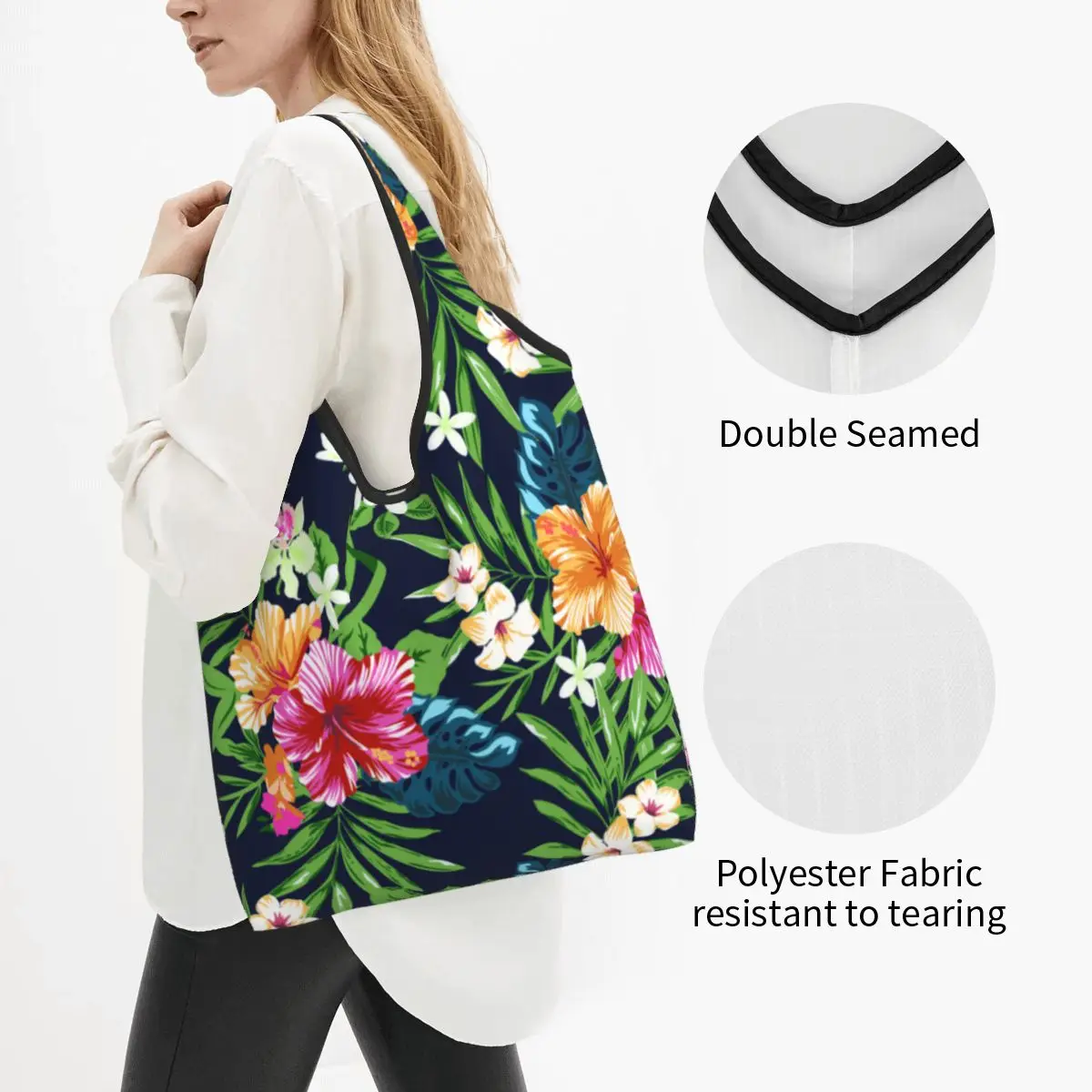 Reusable Hawaiian Tropical Floral Shopping Bag for Groceries Foldable Hawaii Flower Style Grocery Bags Washable Large Tote Bags