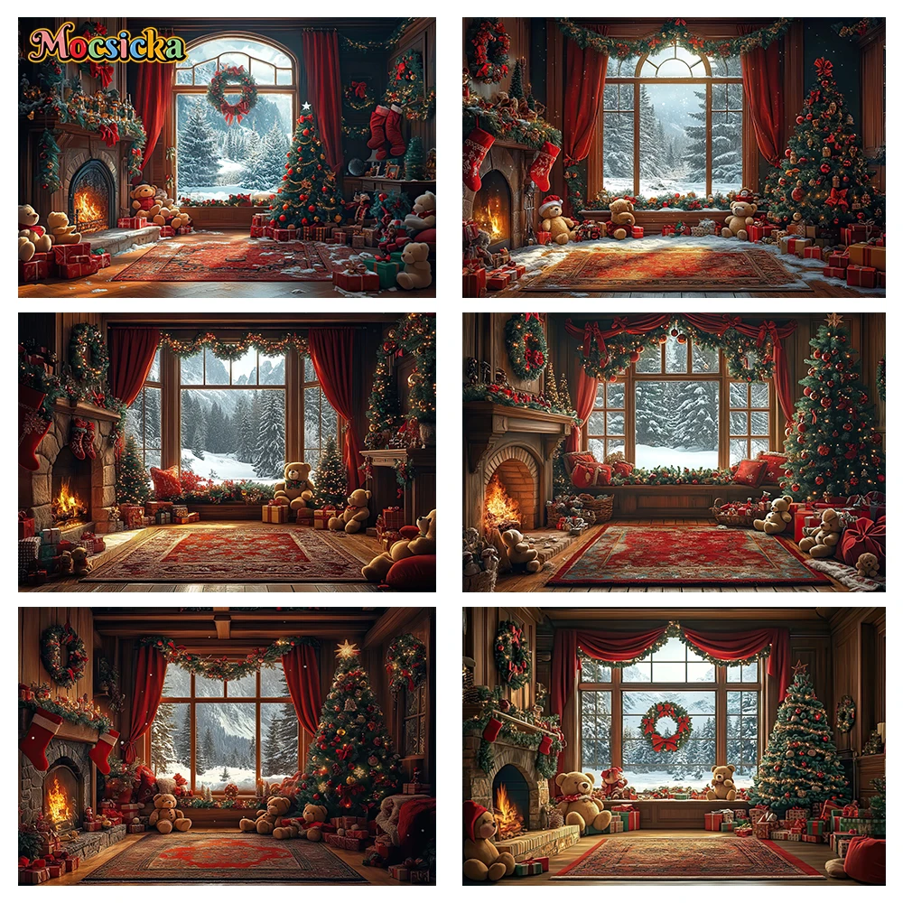 

Mocsicka Winter Christmas Photography Background Warm Fireplace Curtains Xmas Tree Holiday Party Family Photo Backdrops Studio