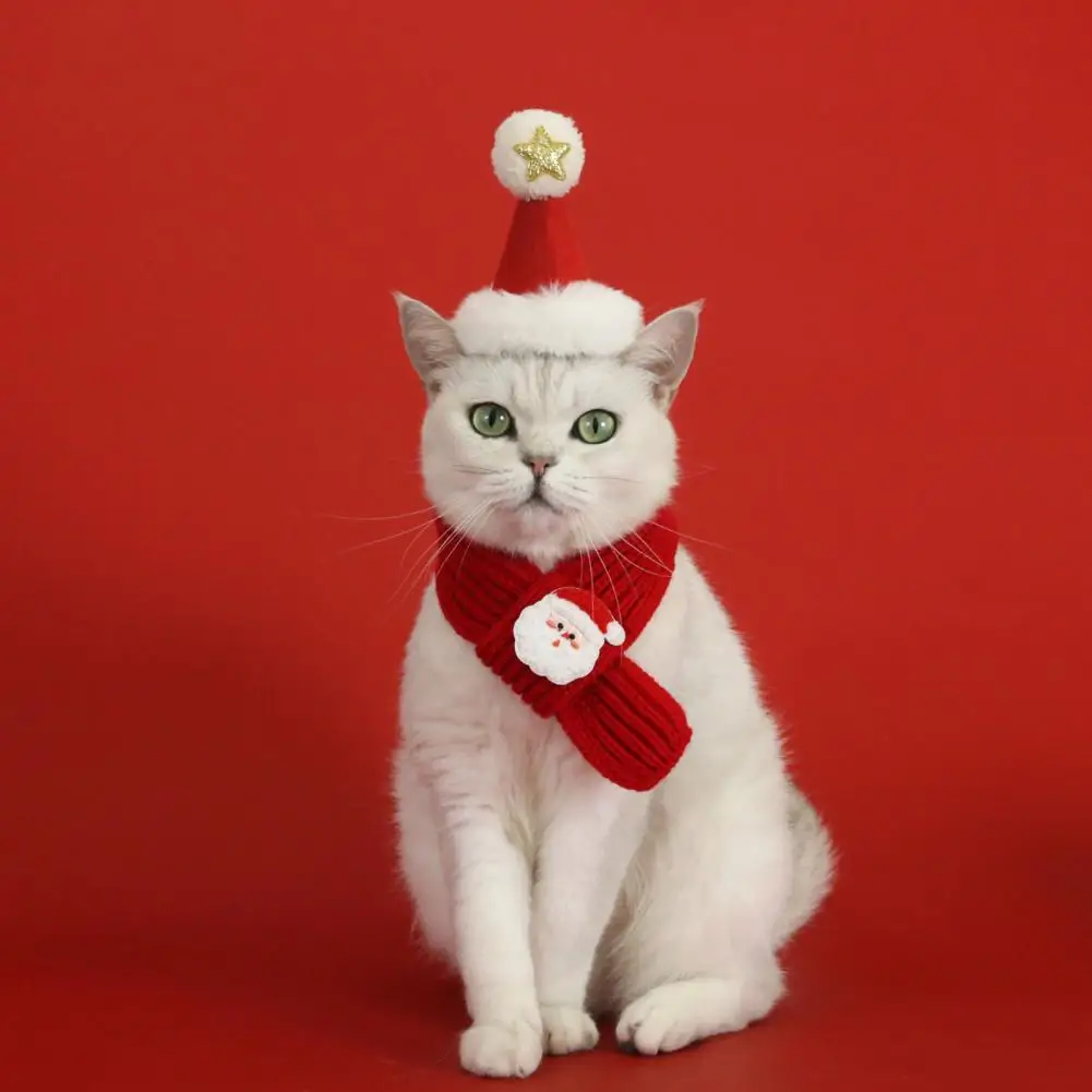Pet Winter Scarf Pet Christmas Hat Scarf Set Pet Christmas Costume Set Santa Hat Scarf for Small Dogs Cats Adjustable for Pets