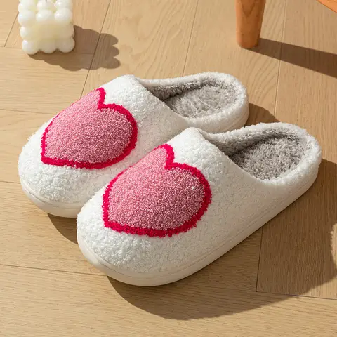 Women Big Heart Love Home Slippers Comfortable Girls Bedroom Breathable Anti Slip Flat Plush Shoes Girlfriend Birthday Gift