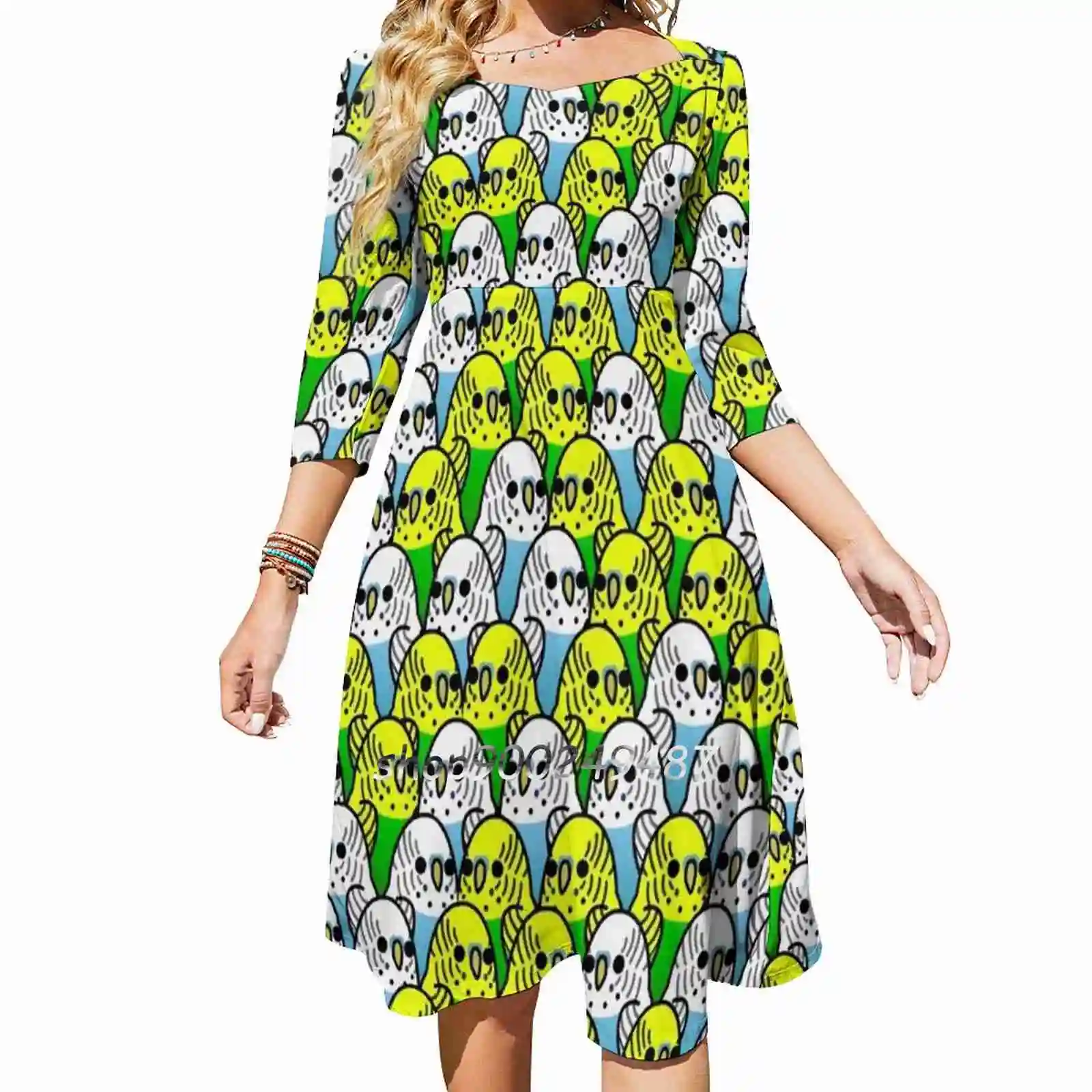 

Too Many Birds!-Budgie Squad 1 Square Neck Dress Sweet Summer Dress Women Elegant Halter Print Dress Bird Birds Cute Too Many