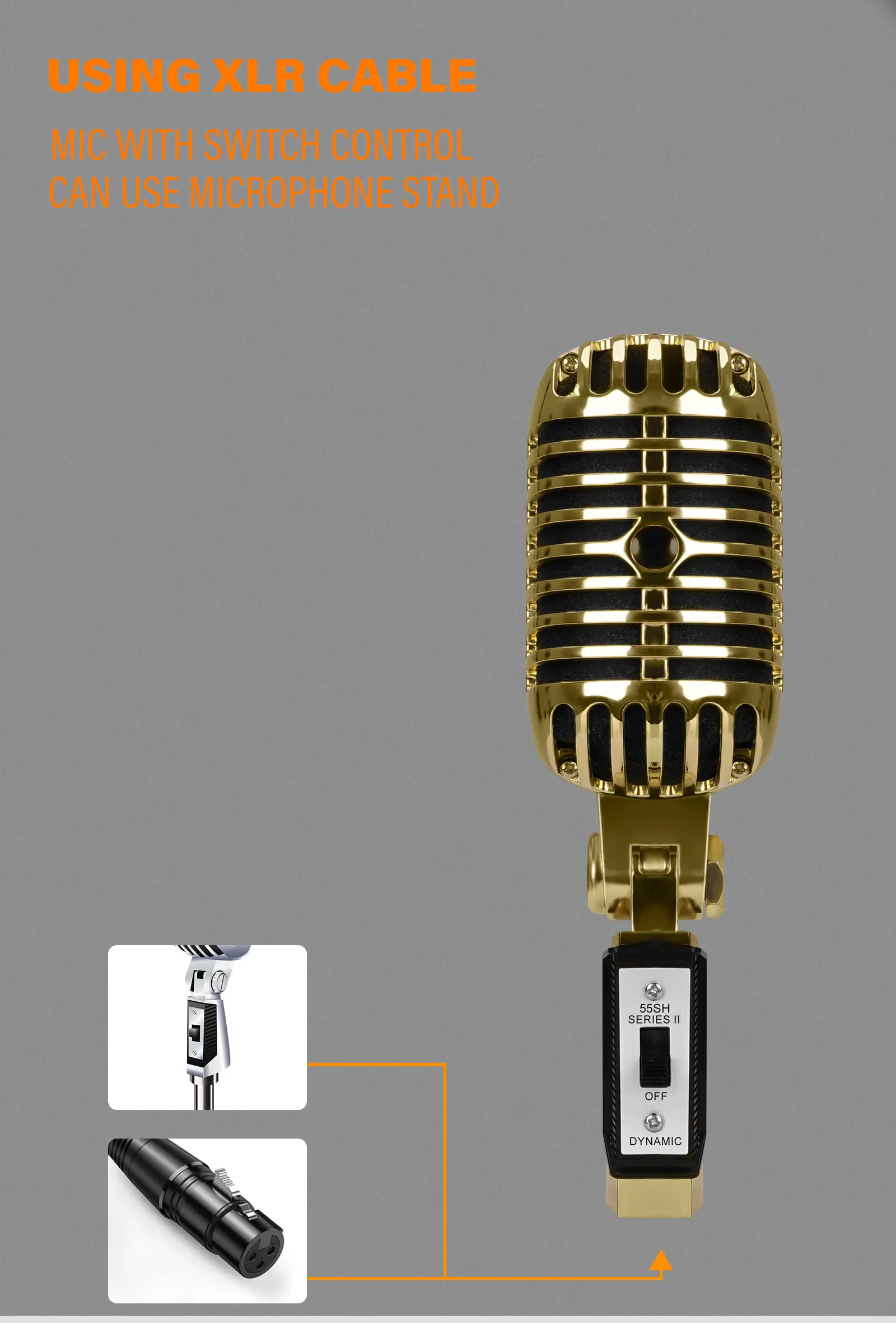 Retro-Mikrofon aus vergoldetem Metallmaterial, Vintage-Stil, professionelles dynamisches Kondensatormikrofon mit Nierencharakteristik für Karaoke, Bühne, Heimgebrauch – Detail 8